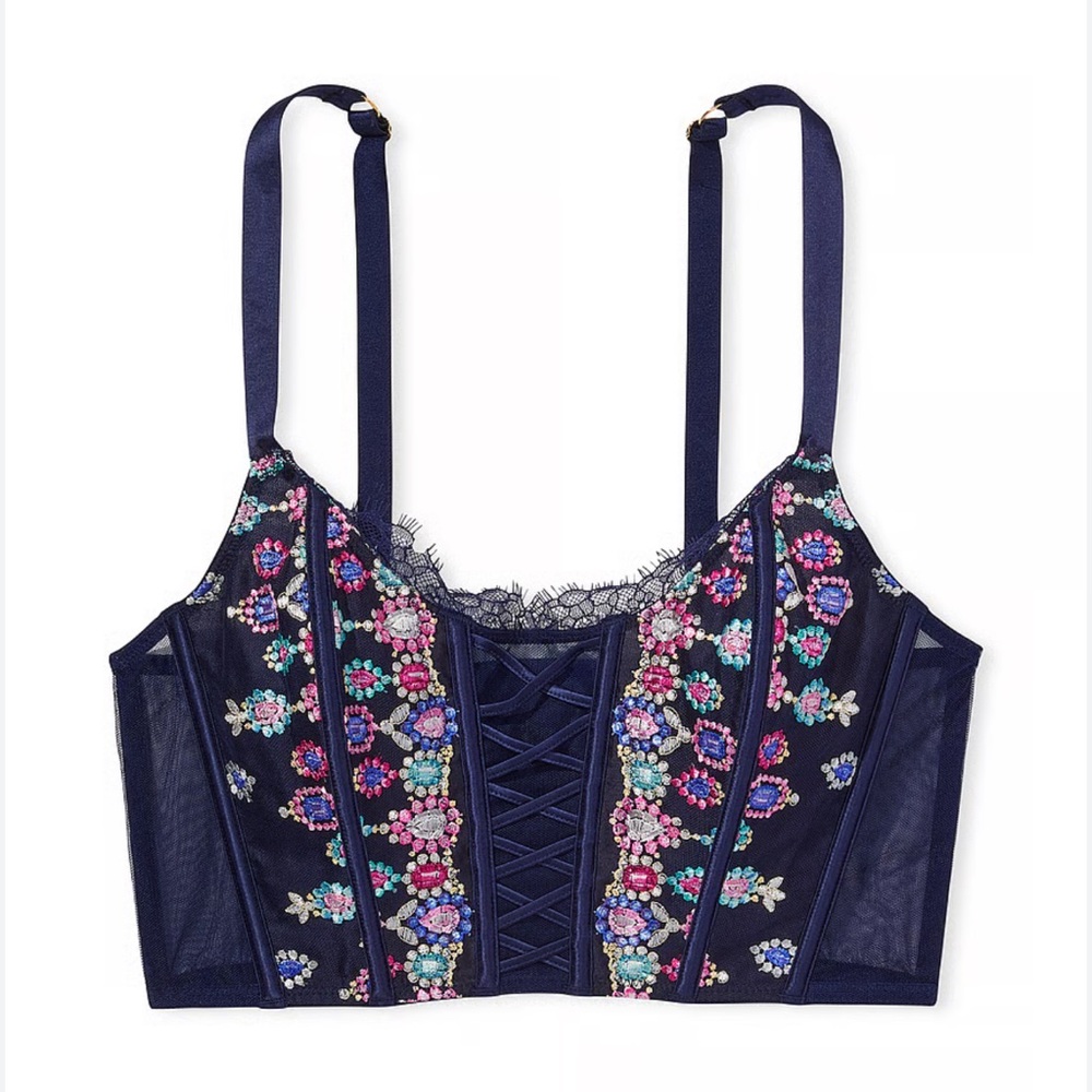 Victoria Secret - Unlined Bejeweled Embroidery Corset Top, Navy